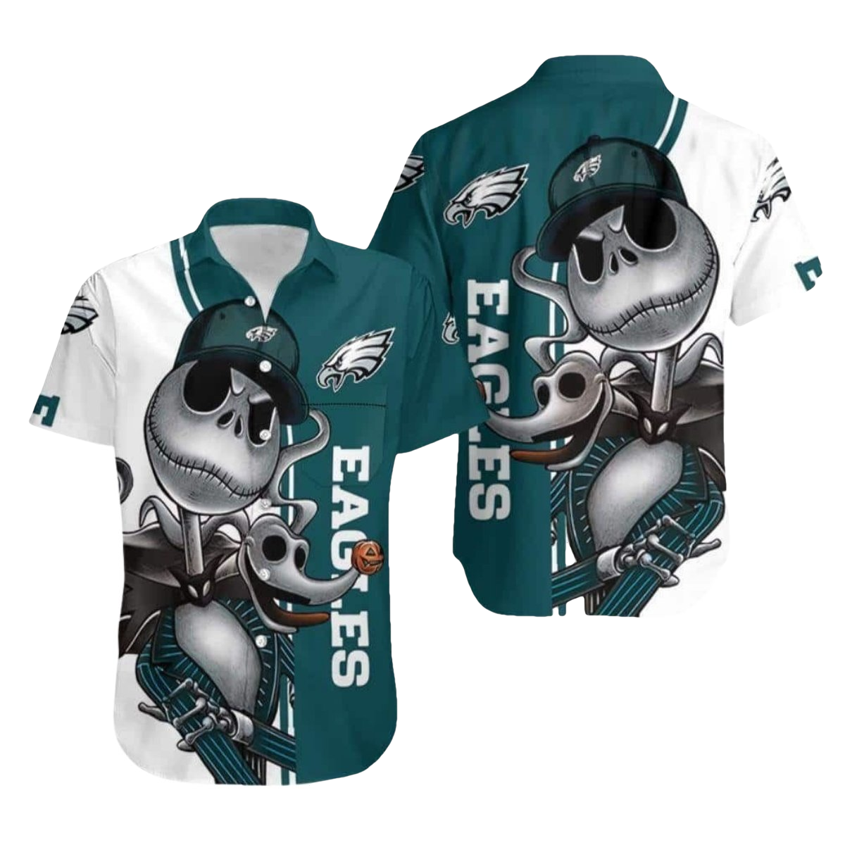 Jack Skellington And Zero Philadelphia Eagles Tropical Hawaiian Shirt - Moonbestprint
