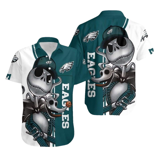 Jack Skellington And Zero Philadelphia Eagles Tropical Hawaiian Shirt - Moonbestprint