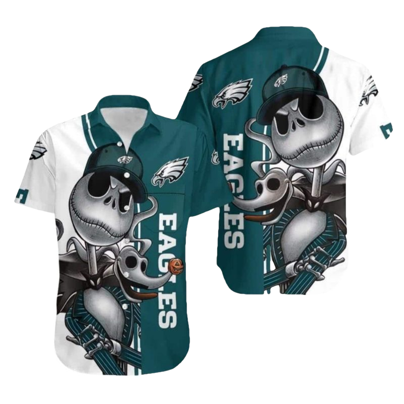Jack Skellington And Zero Philadelphia Eagles Tropical Hawaiian Shirt - Moonbestprint