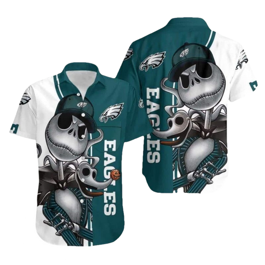 Jack Skellington And Zero Philadelphia Eagles Tropical Hawaiian Shirt - Moonbestprint