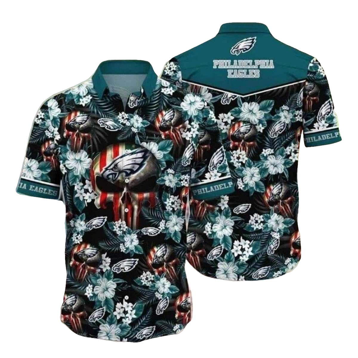 Hibiscus Skull Philadelphia Eagles Tropical Hawaiian Shirt - Moonbestprint