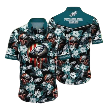 Hibiscus Skull Philadelphia Eagles Tropical Hawaiian Shirt - Moonbestprint
