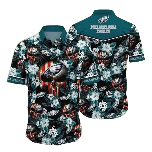 Hibiscus Skull Philadelphia Eagles Tropical Hawaiian Shirt - Moonbestprint