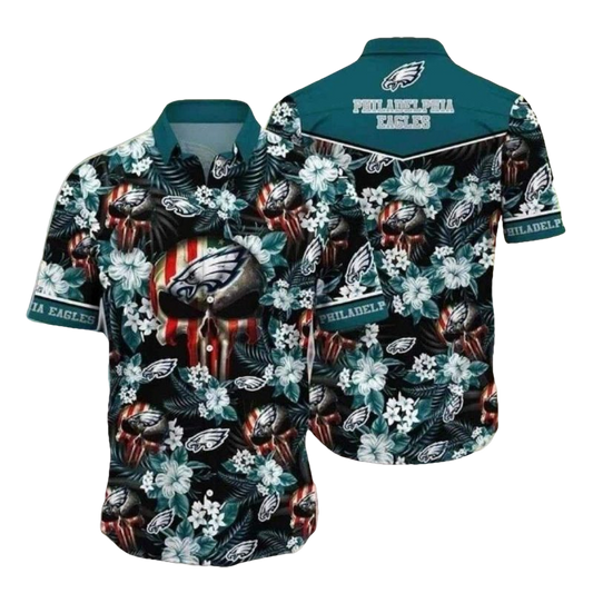 Hibiscus Skull Philadelphia Eagles Tropical Hawaiian Shirt - Moonbestprint