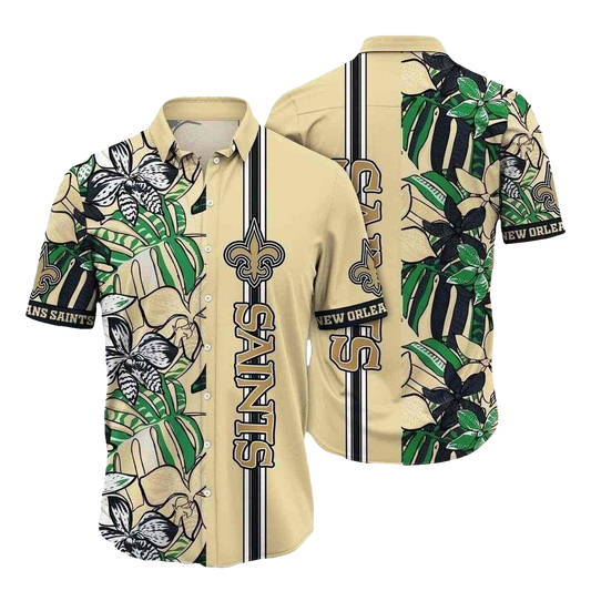 Sleek Botanical Stripe New Orleans Saints Tropical Hawaiian Shirt - Moonbestprint