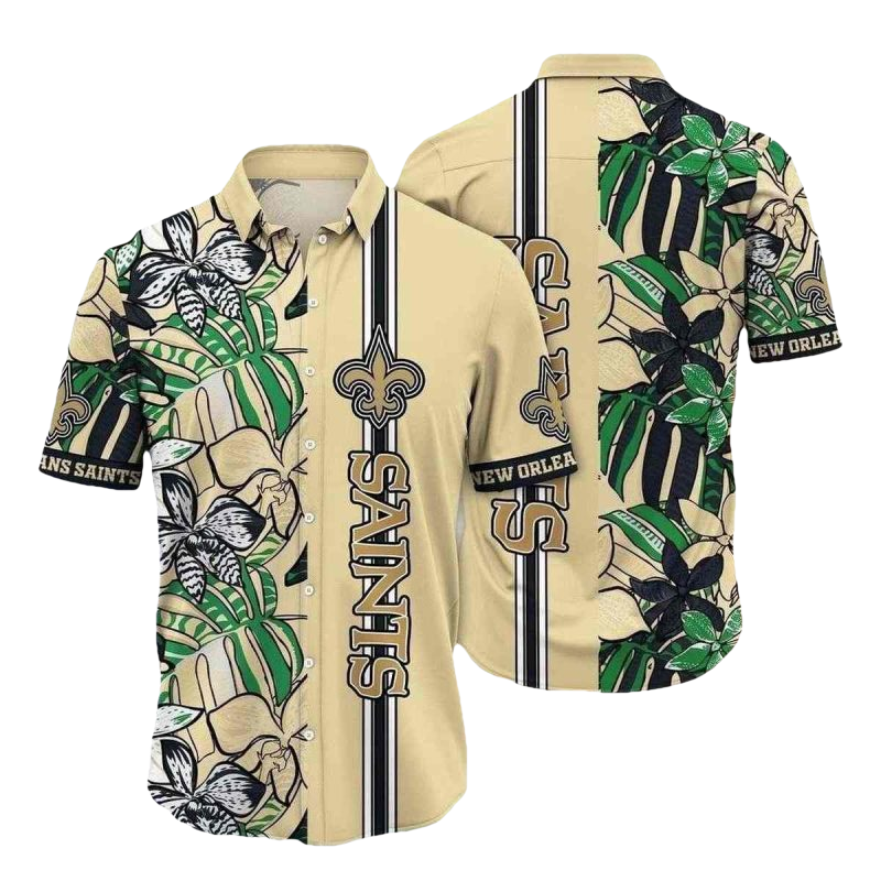 Sleek Botanical Stripe New Orleans Saints Tropical Hawaiian Shirt - Moonbestprint