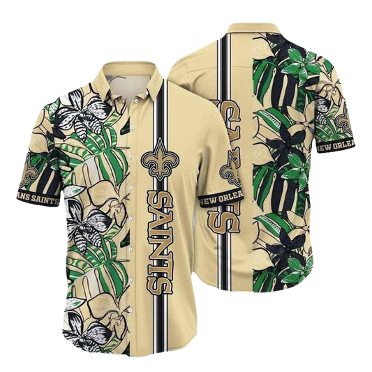 Sleek Botanical Stripe New Orleans Saints Tropical Hawaiian Shirt - Moonbestprint