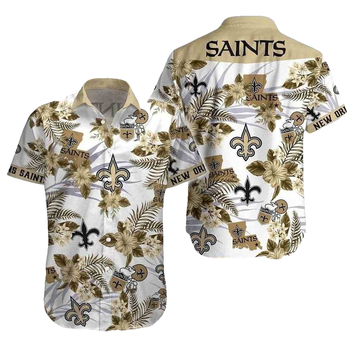 Saints Hawaiian Shirt With Tropical Foliage And Team Emblem - Moonbestprint