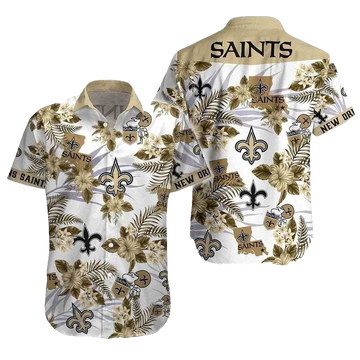 Saints Hawaiian Shirt With Tropical Foliage And Team Emblem - Moonbestprint