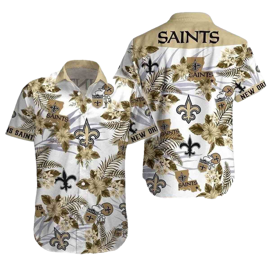 Saints Hawaiian Shirt With Tropical Foliage And Team Emblem - Moonbestprint