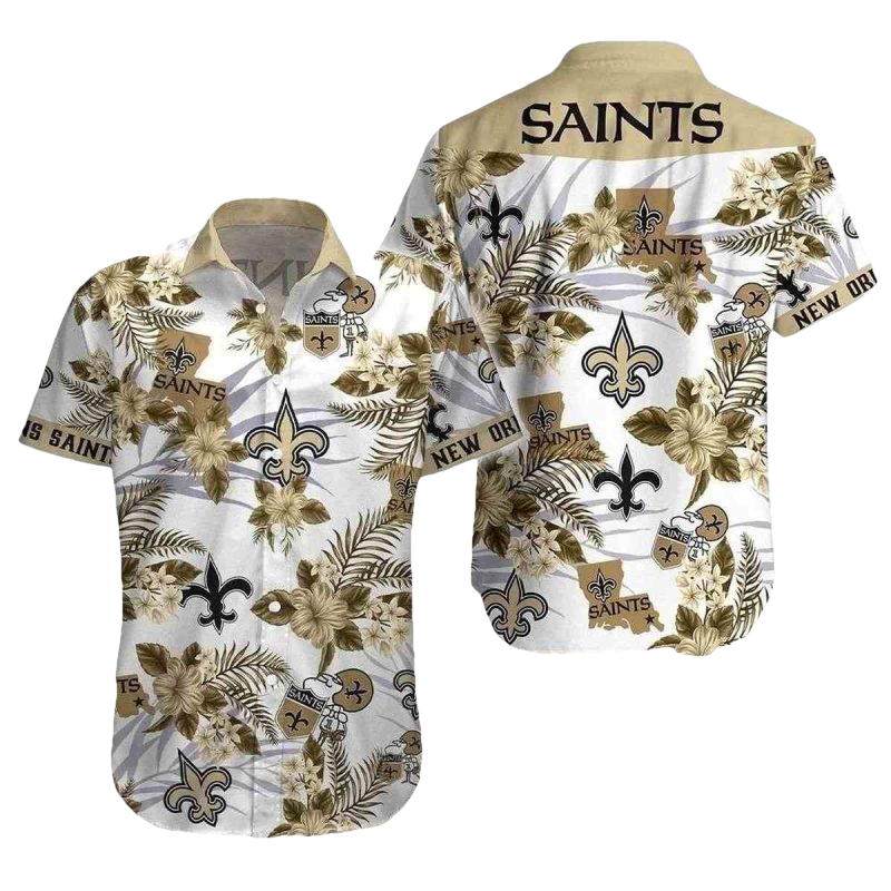 Saints Hawaiian Shirt With Tropical Foliage And Team Emblem - Moonbestprint