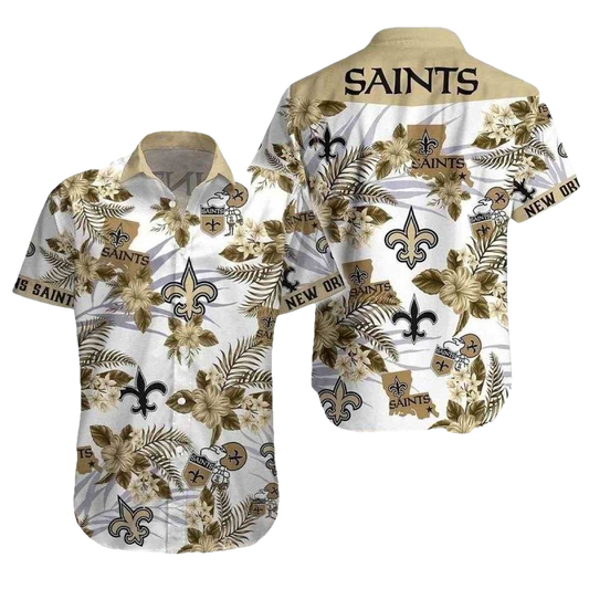Saints Hawaiian Shirt With Tropical Foliage And Team Emblem - Moonbestprint
