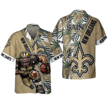 Saints Hawaiian Shirt Football Player And Tropical Leaves - Moonbestprint