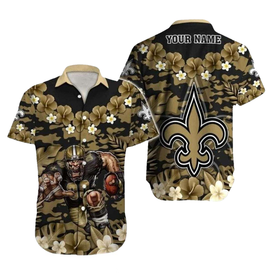 Personalized New Orleans Saints Mascot Gold Hibiscus Hawaiian Shirt - Moonbestprint