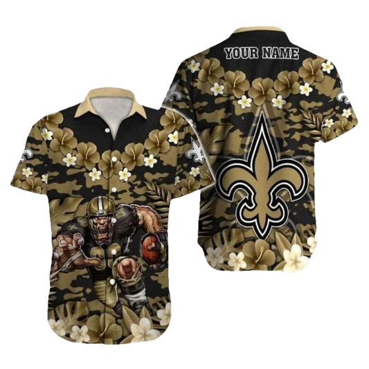 Personalized New Orleans Saints Mascot Gold Hibiscus Hawaiian Shirt - Moonbestprint