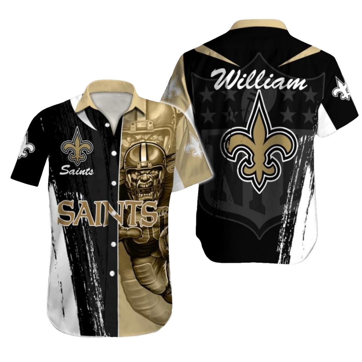 Personalized New Orleans Saints Mascot Black White And Gold Retro Hawaiian Shirt - Moonbestprint