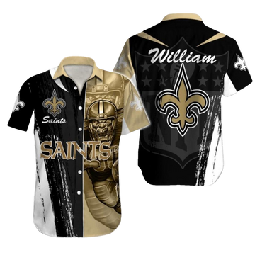 Personalized New Orleans Saints Mascot Black White And Gold Retro Hawaiian Shirt - Moonbestprint