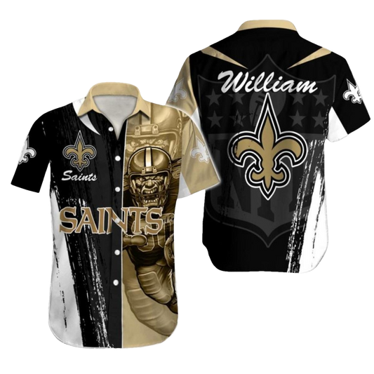 Personalized New Orleans Saints Mascot Black White And Gold Retro Hawaiian Shirt - Moonbestprint