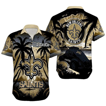 Personalized New Orleans Saints Logo Helmet And Car Coconut Hawaiian Shirt - Moonbestprint