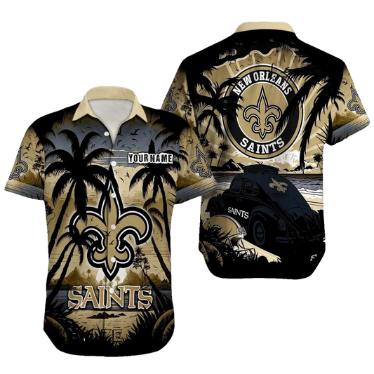 Personalized New Orleans Saints Logo Helmet And Car Coconut Hawaiian Shirt - Moonbestprint