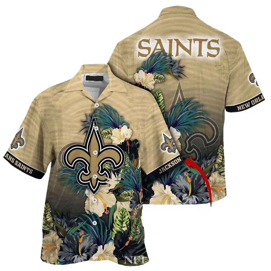Personalized New Orleans Saints Logo And Ornate Hibiscus Hawaiian Shirt - Moonbestprint