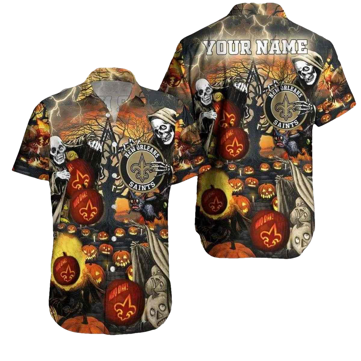 Personalized New Orleans Saints Halloween Skull Pumkin Hawaiian Shirt - Moonbestprint