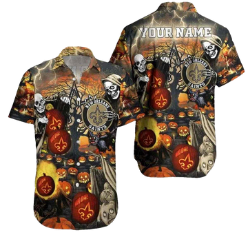 Personalized New Orleans Saints Halloween Skull Pumkin Hawaiian Shirt - Moonbestprint