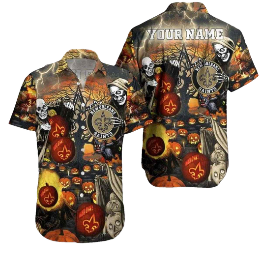 Personalized New Orleans Saints Halloween Skull Pumkin Hawaiian Shirt - Moonbestprint