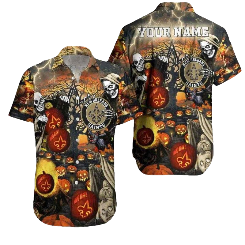 Personalized New Orleans Saints Halloween Skull Pumkin Hawaiian Shirt - Moonbestprint