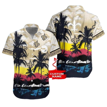 Personalized New Orleans Saints Coconut Tree And Beach Sunset Hawaiian Shirt - Moonbestprint