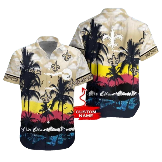 Personalized New Orleans Saints Coconut Tree And Beach Sunset Hawaiian Shirt - Moonbestprint