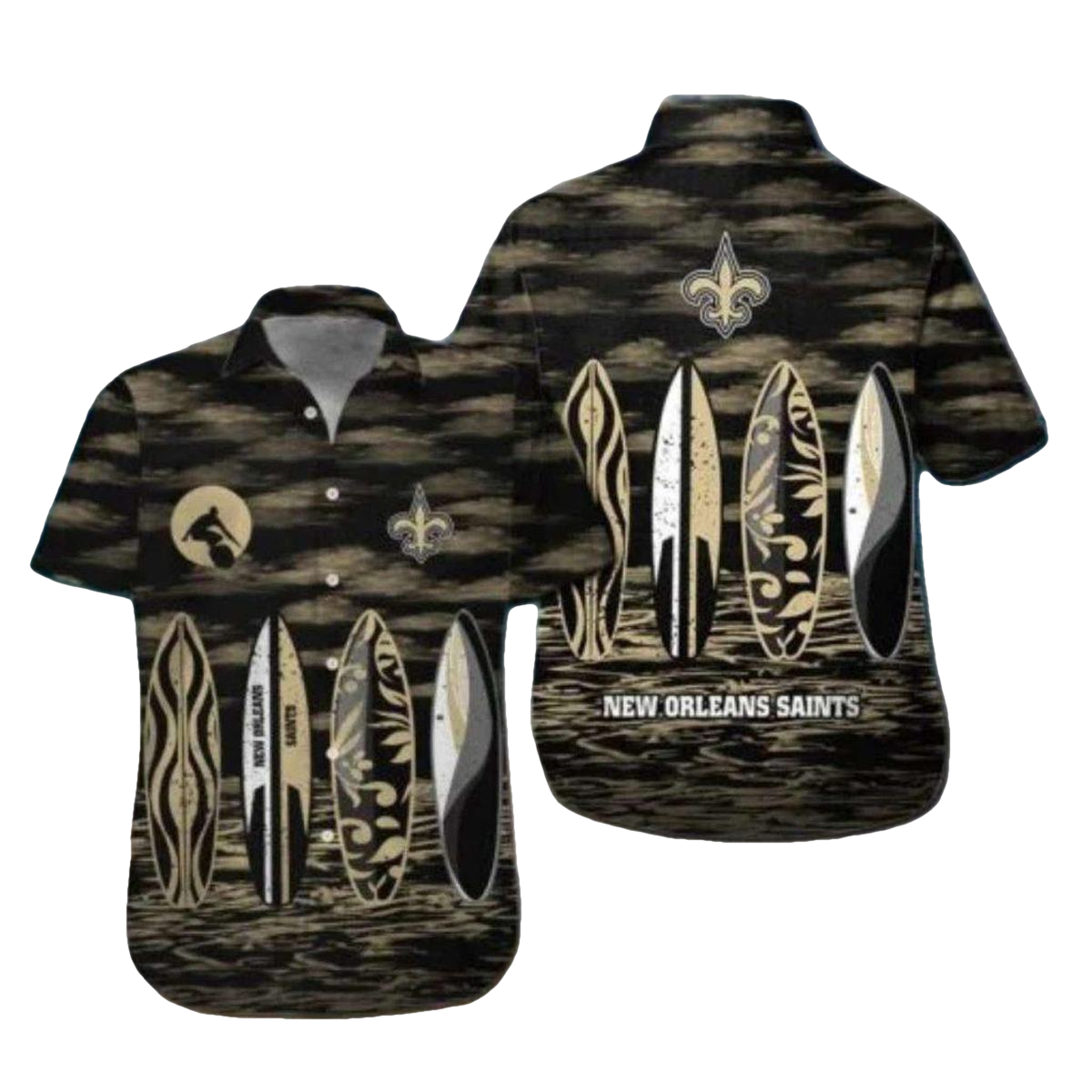 New Orleans Saints Surfboard Beach Theme Black And Gold Hawaiian Shirt - Moonbestprint