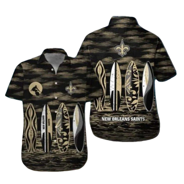 New Orleans Saints Surfboard Beach Theme Black And Gold Hawaiian Shirt - Moonbestprint