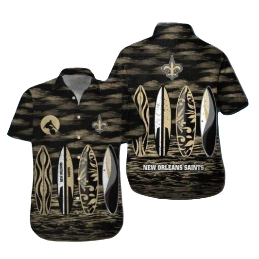 New Orleans Saints Surfboard Beach Theme Black And Gold Hawaiian Shirt - Moonbestprint