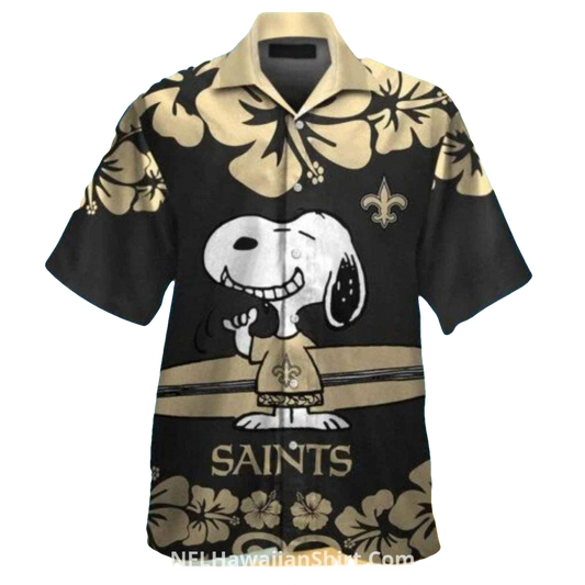 New Orleans Saints Snoopy Floral Black And Gold Design Hawaiian Shirt - Moonbestprint