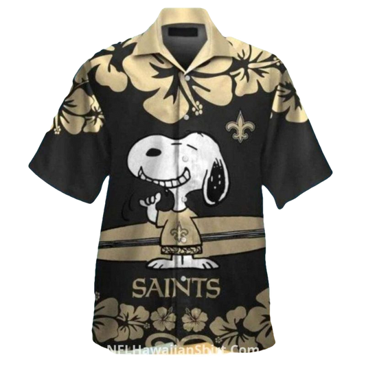 New Orleans Saints Snoopy Floral Black And Gold Design Hawaiian Shirt - Moonbestprint