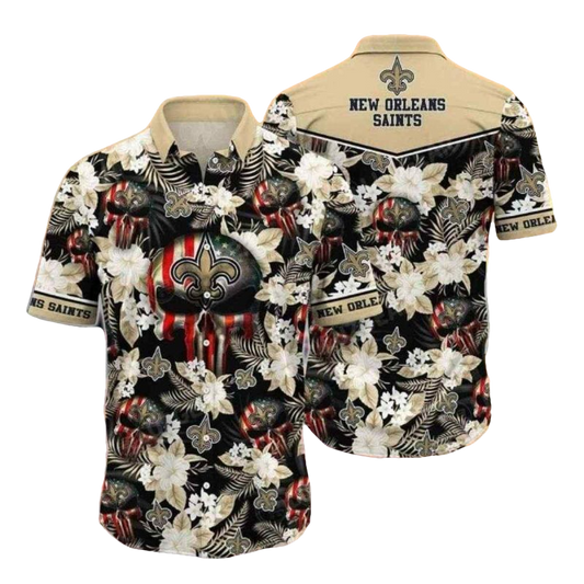New Orleans Saints Punisher Skull Floral Hawaiian Shirt - Moonbestprint
