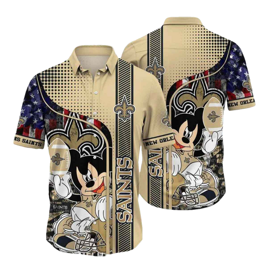 New Orleans Saints Mickey Football American Flag Style Hawaiian Shirt - Moonbestprint