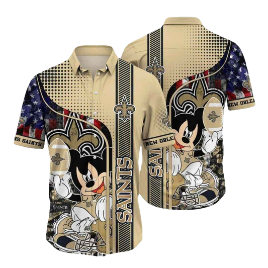 New Orleans Saints Mickey Football American Flag Style Hawaiian Shirt - Moonbestprint
