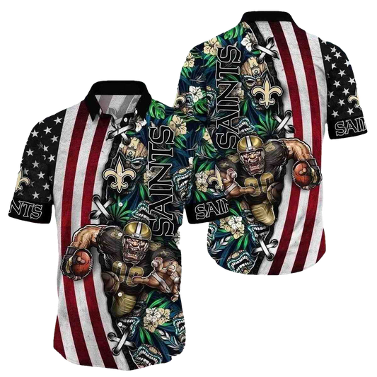 New Orleans Saints Mascot Tropical And Flag Hawaiian Shirt - Moonbestprint