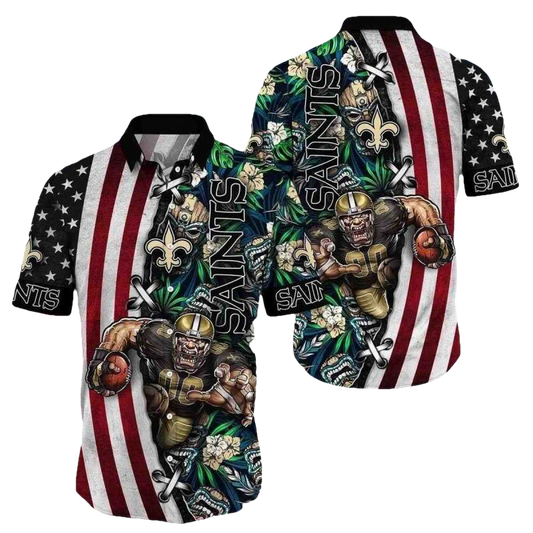 New Orleans Saints Mascot Tropical And Flag Hawaiian Shirt - Moonbestprint