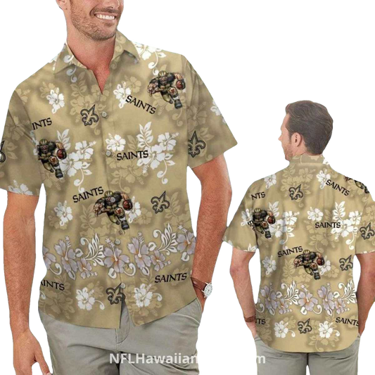 New Orleans Saints Mascot Hibiscus Gold Hawaiian Shirt - Moonbestprint