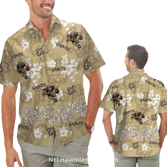 New Orleans Saints Mascot Hibiscus Gold Hawaiian Shirt - Moonbestprint