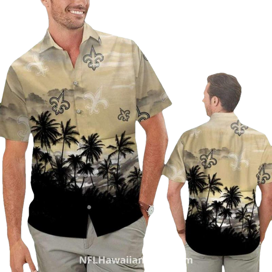 New Orleans Saints Logo Palm Tree Sunset Hawaiian Shirt - Moonbestprint