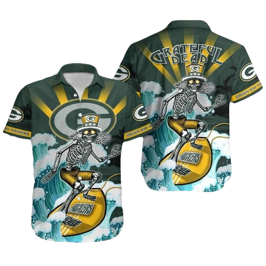 Green Bay Packers Grateful Dead Skeleton Surfer Hawaiian Shirt - Moonbestprint
