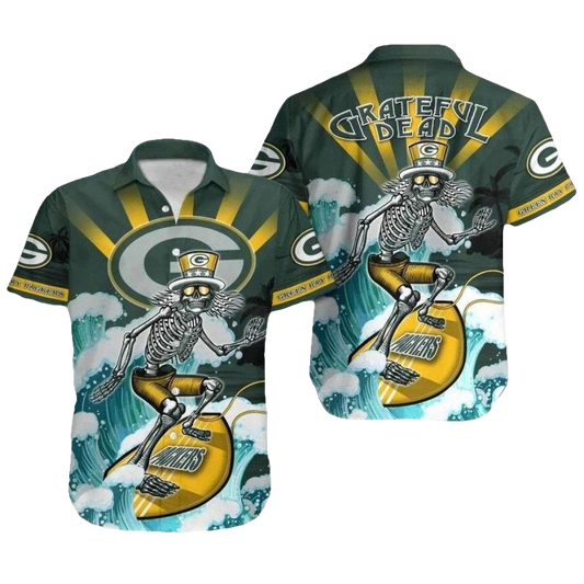 Green Bay Packers Grateful Dead Skeleton Surfer Hawaiian Shirt - Moonbestprint