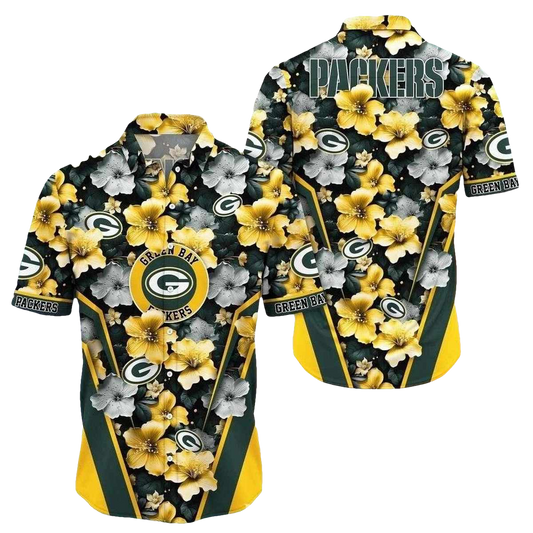 Green Bay Packers Gold And Grey Floral Hibiscus Hawaiian Shirt - Moonbestprint