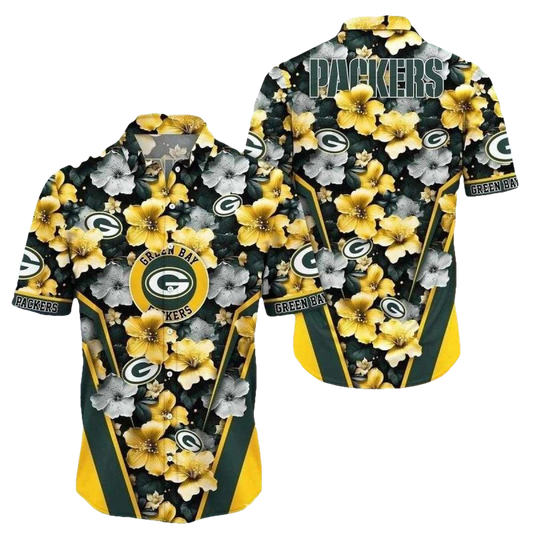 Green Bay Packers Gold And Grey Floral Hibiscus Hawaiian Shirt - Moonbestprint