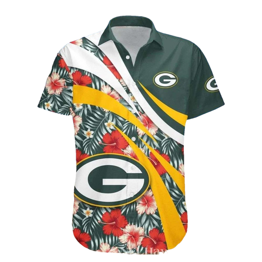 Green Bay Packers Floral Stripe Diagonal Dash Hawaiian Shirt - Moonbestprint