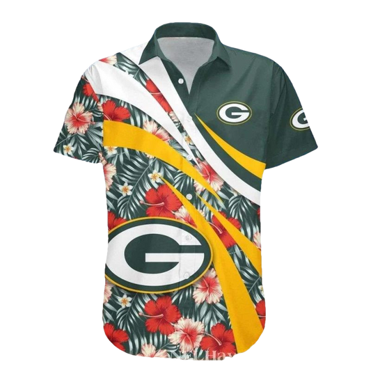 Green Bay Packers Floral Stripe Diagonal Dash Hawaiian Shirt - Moonbestprint